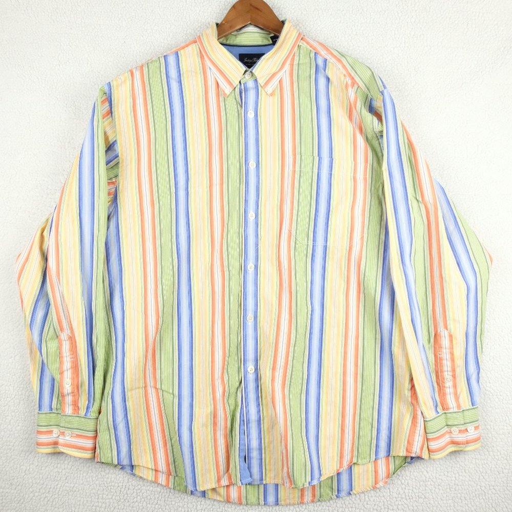 Indigo Palms Shirt Mens Extra Large Yellow Blue Striped Cotton Colorful Vintage